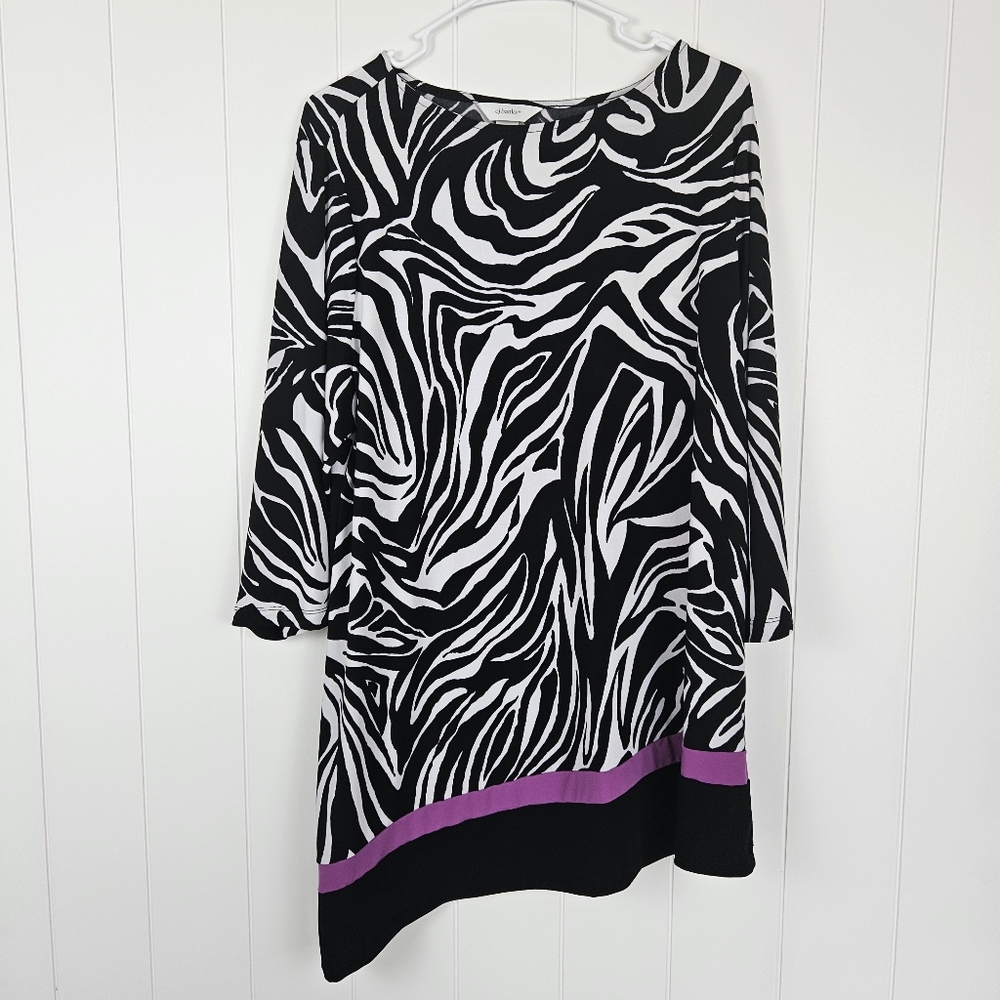 CJ Banks Tunic Zebra Print Asymmetrical Purple Stripe Womens 3/4 Sleeve Stretch